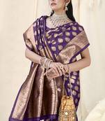 Purple Banarasi silk blendWoven Design Woven Golden Zari Border Saree With Unstitched Blouse Piece