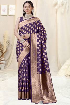 Purple Banarasi silk blendWoven Design Woven Golden Zari Border Saree With Unstitched Blouse Piece 2