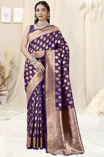 Purple Banarasi silk blendWoven Design Woven Golden Zari Border Saree With Unstitched Blouse Piece