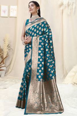 Teal Faux Banarasi Silk Woven Design Woven Golden Zari Border Saree With Unstitched Blouse Piece 3
