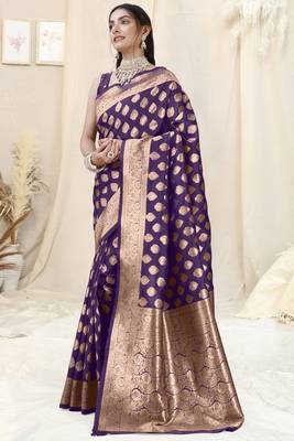 Purple Banarasi silk blendWoven Design Woven Golden Zari Border Saree With Unstitched Blouse Piece 3