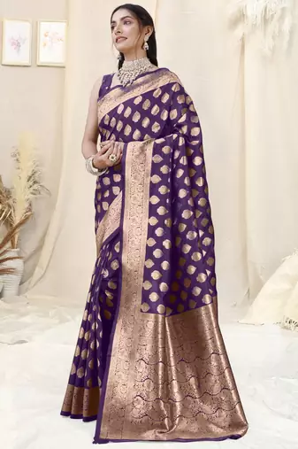 Purple Banarasi silk blendWoven Design Woven Golden Zari Border Saree With Unstitched Blouse Piece