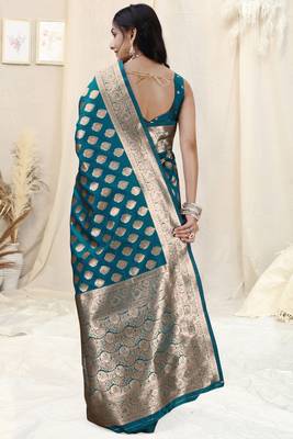 Teal Faux Banarasi Silk Woven Design Woven Golden Zari Border Saree With Unstitched Blouse Piece 4