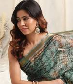 Light Teal Kota Doria Block Print Golden Zari Border Saree With Unstitched Blouse Piece