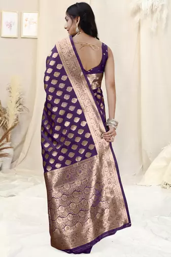 Purple Banarasi silk blendWoven Design Woven Golden Zari Border Saree With Unstitched Blouse Piece