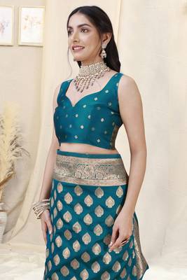 Teal Faux Banarasi Silk Woven Design Woven Golden Zari Border Saree With Unstitched Blouse Piece 5