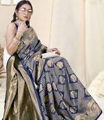 Navy Blue Banarasi silk blend Woven Design Woven Golden Zari Border Saree With Unstitched Blouse Piece