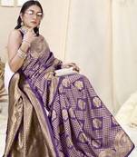 Purple Banarasi silk blend Woven Design Woven Golden Zari Border Saree With Unstitched Blouse Piece