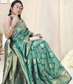Teal Banarasi silk blend Woven Design Woven Golden Zari Border Saree With Unstitched Blouse Piece