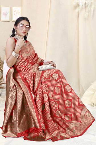 Red Faux Banarasi Silk Woven Design Woven Golden Zari Border Saree With Unstitched Blouse Piece
