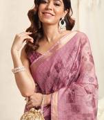 Light Pink Kota Doria Floral Print Golden Zari Border Saree With Unstitched Blouse Piece