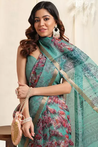 Teal Kota Doria Floral Print Golden Zari Border Saree With Unstitched Blouse Piece