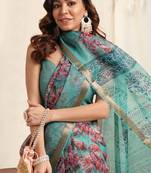 Teal Kota Doria Floral Print Golden Zari Border Saree With Unstitched Blouse Piece