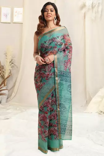 Teal Kota Doria Floral Print Golden Zari Border Saree With Unstitched Blouse Piece