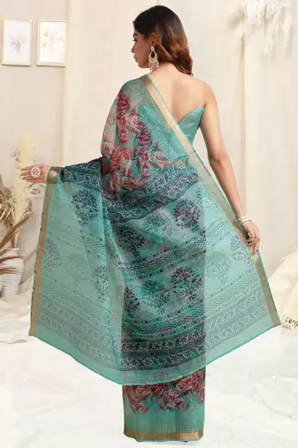 Teal Kota Doria Floral Print Golden Zari Border Saree With Unstitched Blouse Piece