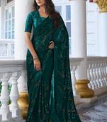 Women'S Teal Green Sequence Embroidered Georgette Designer Party Wear Saree Sari With Blouse Piece