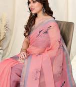 Light Pink Kota Doria Warli Print Copper Zari Border Saree With Unstitched Blouse Piece