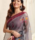 Grey Kota Doria Warli Print Copper Zari Border Saree With Unstitched Blouse Piece