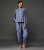 Bluish grey soft linen embroidered top & jogger pant
