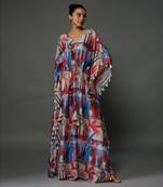 Red tropical print silkmul kaftan with tassels