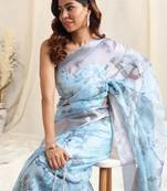 Light Blue Organza Floral Print Woven Border Saree With Unstitched Blouse Piece
