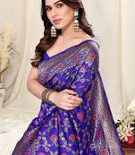 Royal Blue Silk Blend Woven Floral Print Golden Zari Border Saree With Unstitched Blouse Piece