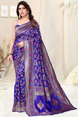 Royal Blue Silk Blend Woven Floral Print Golden Zari Border Saree With Unstitched Blouse Piece 2