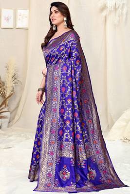 Royal Blue Silk Blend Woven Floral Print Golden Zari Border Saree With Unstitched Blouse Piece 3