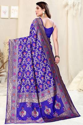 Royal Blue Silk Blend Woven Floral Print Golden Zari Border Saree With Unstitched Blouse Piece 4