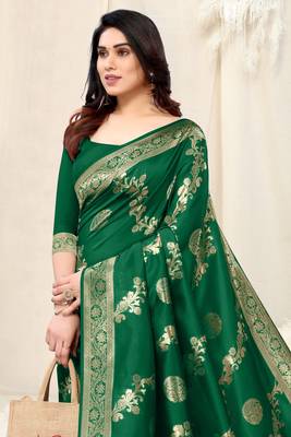 Green Silk Blend Woven Floral /Paisley Print Woven Zari Border Saree With Unstitched Blouse Piece 1