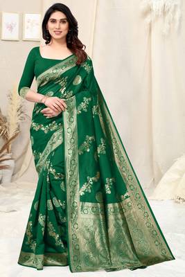 Green Silk Blend Woven Floral /Paisley Print Woven Zari Border Saree With Unstitched Blouse Piece 2