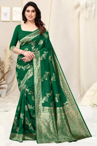 Green Silk Blend Woven Floral /Paisley Print Woven Zari Border Saree With Unstitched Blouse Piece