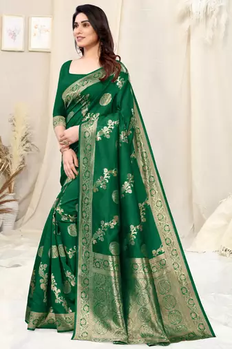 Green Silk Blend Woven Floral /Paisley Print Woven Zari Border Saree With Unstitched Blouse Piece