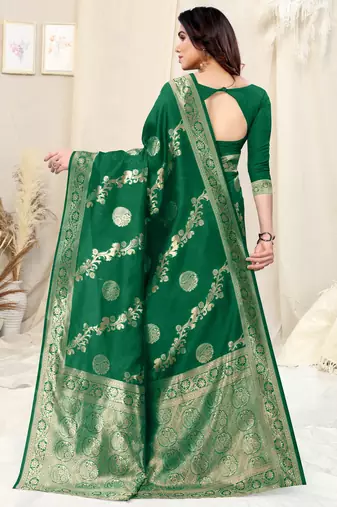 Green Silk Blend Woven Floral /Paisley Print Woven Zari Border Saree With Unstitched Blouse Piece