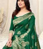 Green Silk Blend Woven Floral /Paisley Print Woven Zari Border Saree With Unstitched Blouse Piece