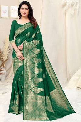 Green Silk Blend Woven Floral /Paisley Print Woven Zari Border Saree With Unstitched Blouse Piece 2
