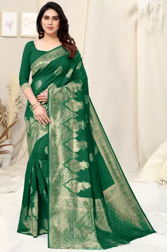 Green Silk Blend Woven Floral /Paisley Print Woven Zari Border Saree With Unstitched Blouse Piece