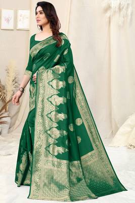 Green Silk Blend Woven Floral /Paisley Print Woven Zari Border Saree With Unstitched Blouse Piece 3