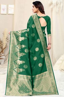 Green Silk Blend Woven Floral /Paisley Print Woven Zari Border Saree With Unstitched Blouse Piece 4