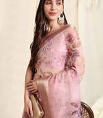 Pink Organza Floral Print Woven Border Saree With Unstitched Blouse Piece