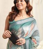 Teal cotton abstact print silver zari border saree with unstitched blouse piece