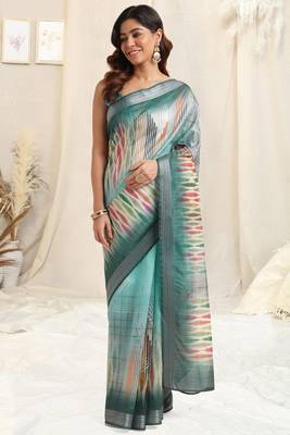 Teal cotton abstact print silver zari border saree with unstitched blouse piece 2