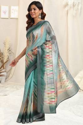 Teal cotton abstact print silver zari border saree with unstitched blouse piece 3