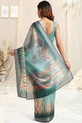 Teal cotton abstact print silver zari border saree with unstitched blouse piece 4