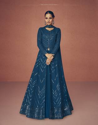 TEAL BLUE PARTY WEAR GEORGETTE EMBROIDERED DRESS MATERIAL 1
