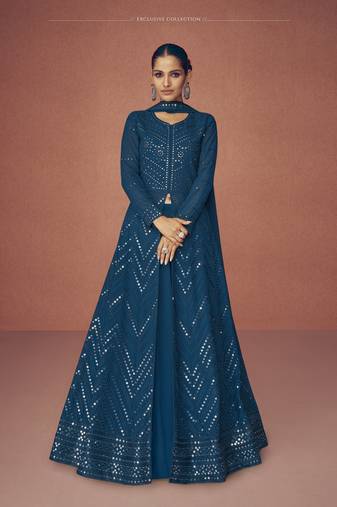 TEAL BLUE PARTY WEAR GEORGETTE EMBROIDERED DRESS MATERIAL
