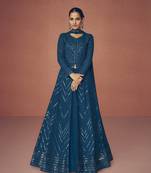 TEAL BLUE PARTY WEAR GEORGETTE EMBROIDERED DRESS MATERIAL