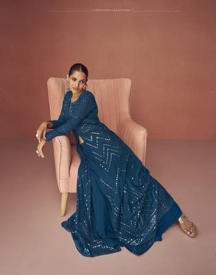 TEAL BLUE PARTY WEAR GEORGETTE EMBROIDERED DRESS MATERIAL 2