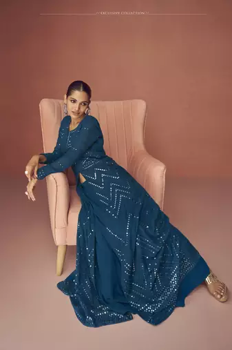 TEAL BLUE PARTY WEAR GEORGETTE EMBROIDERED DRESS MATERIAL