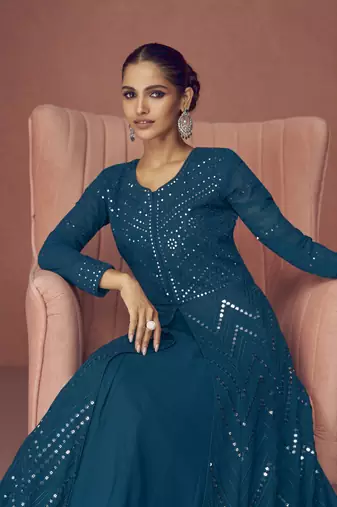 TEAL BLUE PARTY WEAR GEORGETTE EMBROIDERED DRESS MATERIAL